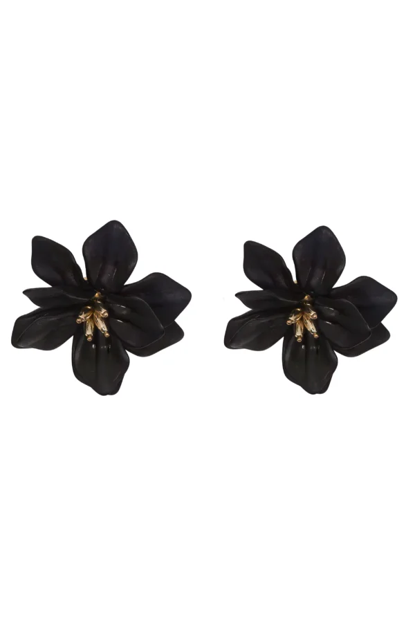 Aretes de moda en forma de flor negra mate modelo Dary Blossom con centro dorado de acero.