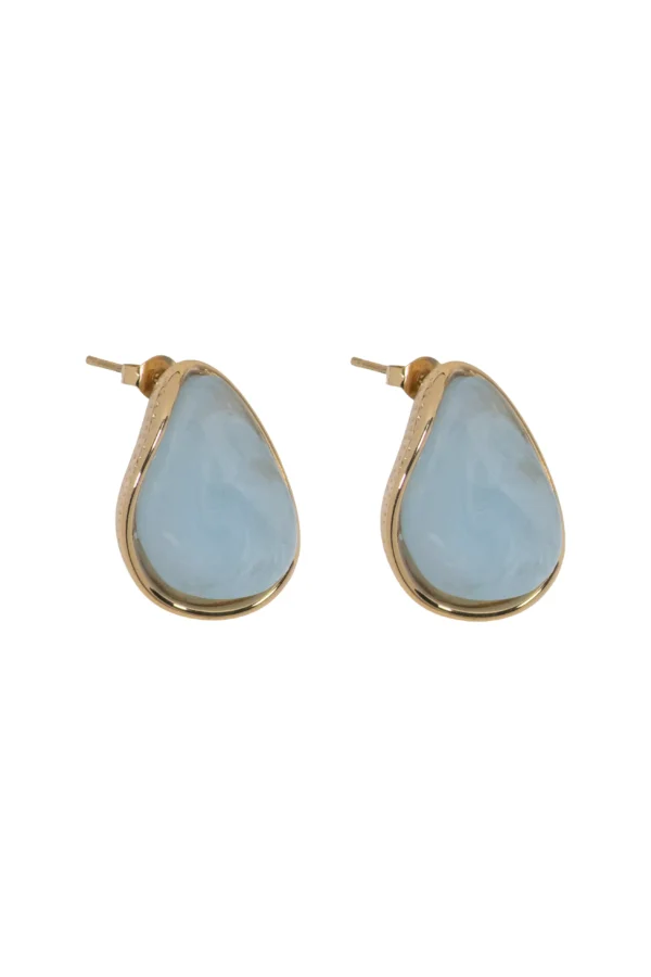 Aretes Grecia Azul Pendientes forma de lágrima Grecia con piedra natural Larimar azul y borde dorado.
