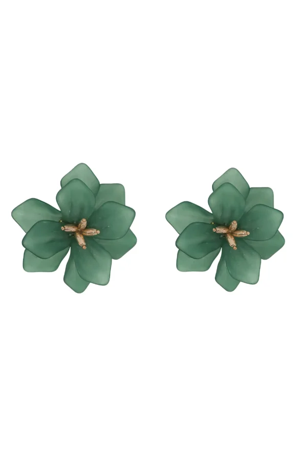 Aretes grandes de moda en forma de flor verde modelo Ophelia de acrílico mate y acero inoxidable.