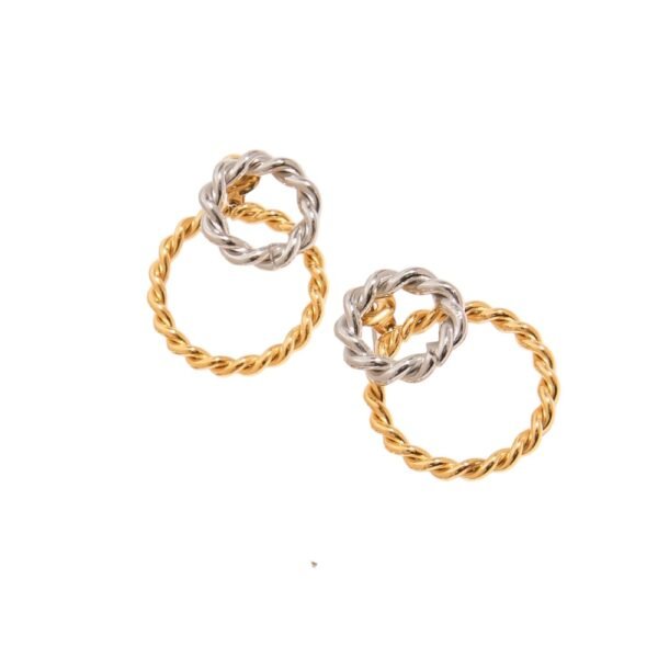Aretes de mujer bicolor acero inoxidable con dos aros entrelazados textura soga modelo Solstice.