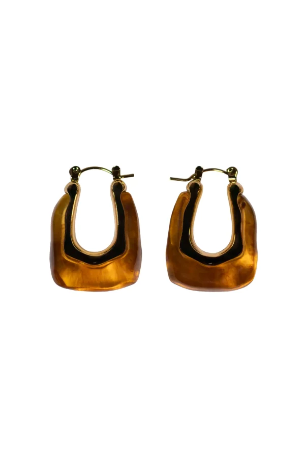 Arracadas Isadora Ambar Arracadas geométricas Isadora color ámbar café con base de acero inoxidable dorado.