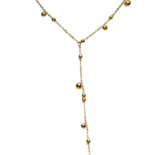 Gargantilla lariat dorada con bolitas colgantes acero inoxidable modelo Rain.
