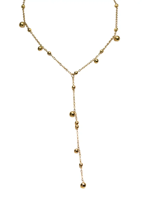 Collar Rain Dorado Gargantilla lariat dorada con bolitas colgantes acero inoxidable modelo Rain.