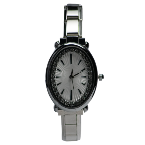 Reloj ovalado Mónaco con caja de oro laminado y correa de acero inoxidable texturizada.