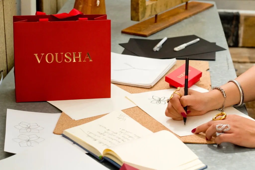 Manos de diseñadora dibujando el boceto de un anillo floral en papel, rodeada de libretas de notas y la bolsa de regalo roja distintiva de Vousha.